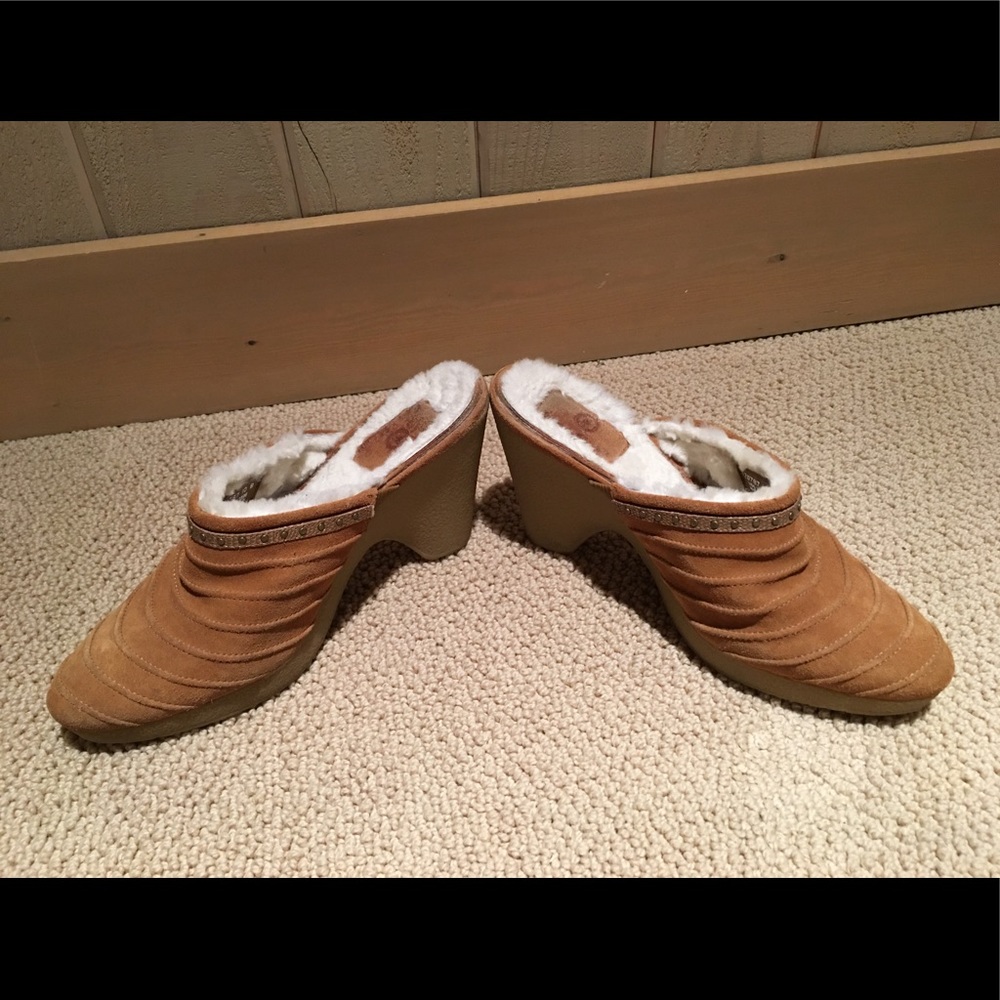 Cole Haan sheepskin wedge mules